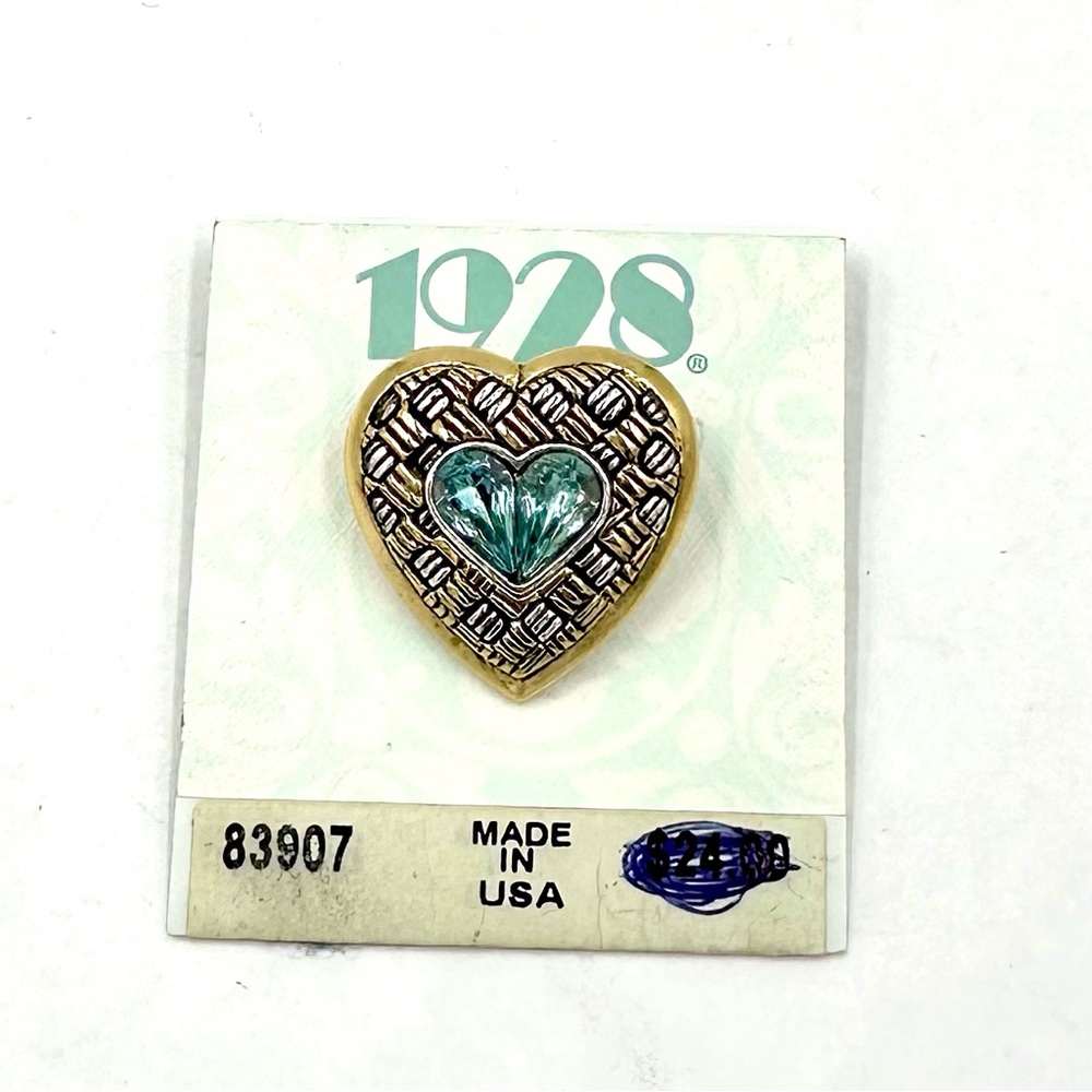 Vintage 1928 Heart Pin Brooch Blue Zircon Rhinestone NWT